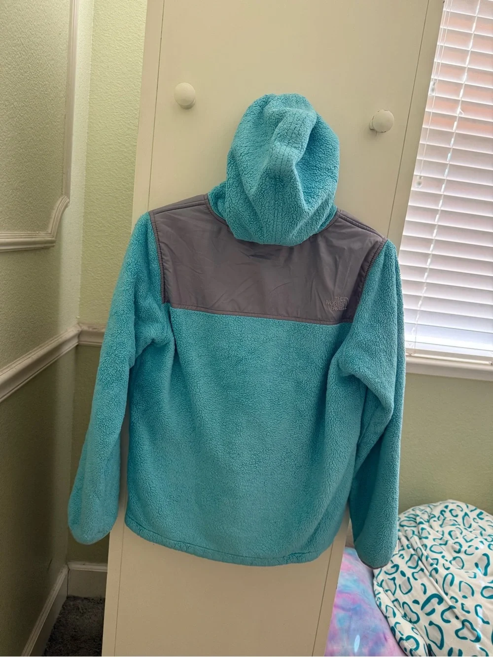 The North Face Aqua Blue Hooded Fleece Jacket with Gray Yoke